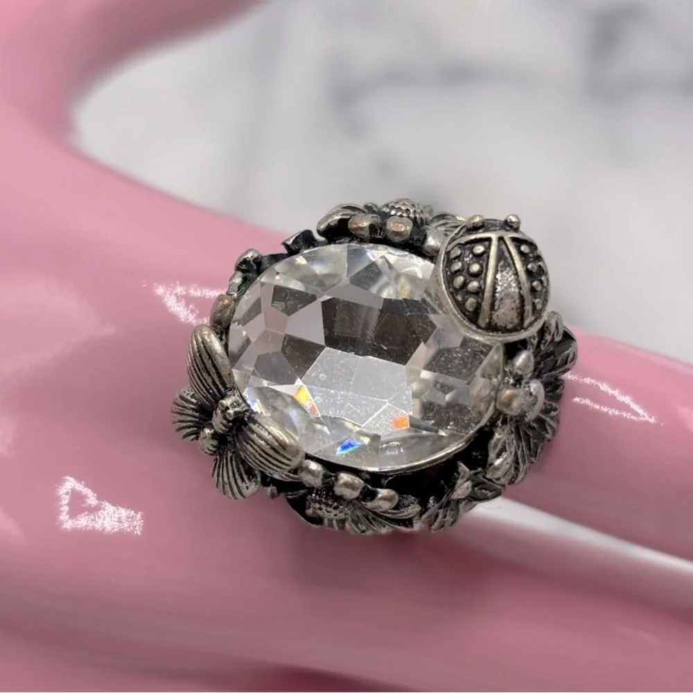 Chunky Flower &‎ Ladybug Antique Silver Tone Crystal Costume Ring Stretch Band